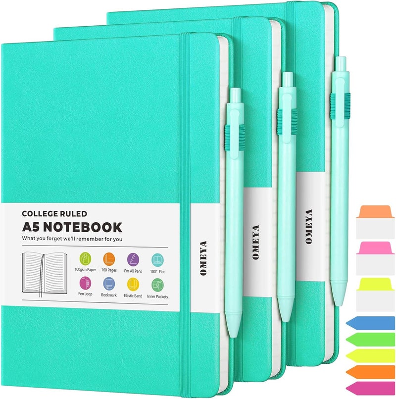 OMEYA Lined Journal Notebook, 3 Pack A5 College Ruled Notebooks for Work, Hardcover Notebook Each with 2 Pockets & Pen, Leather Journal for Women, Men, 160 Pages, 100GSM Thick Paper ( Blue 5.7" x 8.3" ) - Image 1